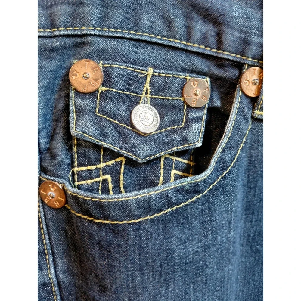 True Religion Billy Super T Mens Straight Leg Jeans Blue Yellow Stitch USA 36